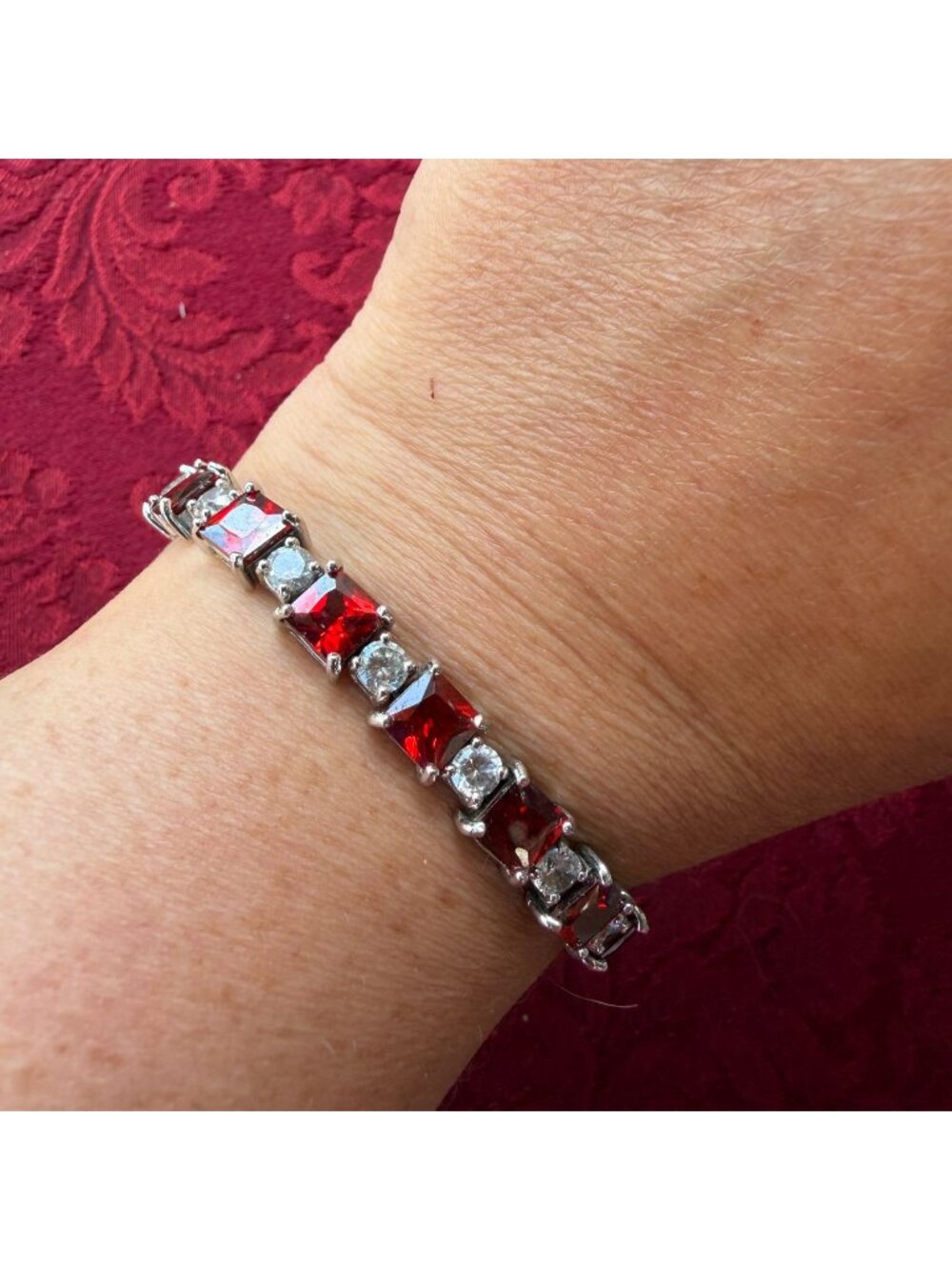 Vintage 925 Sterling Silver Red Garnet CZ Tennis Bracelet Princess Cut 7.75"